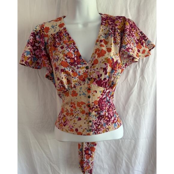 Anthropologie Flutter-Sleeve V-Neck Blouse Sz S Cottagecore Bohemian Prairie - Picture 3 of 14